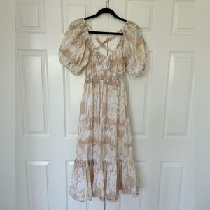 Cleobella Beige Cream Puff-Sleeve Tiered Midi Dress